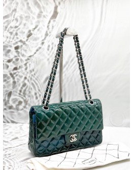 CHANEL MEDIUM CLASSIC DOUBLE FLAP BAG IN OMBRE GREEN WITH BLUE PATENT LEATHER