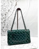 CHANEL MEDIUM CLASSIC DOUBLE FLAP BAG IN OMBRE GREEN WITH BLUE PATENT LEATHER