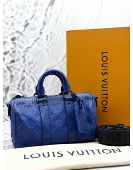 (LIKE NEW) LOUIS VUITTON KEEPALL BANDOULIERE 25 IN RACING BLUE MONOGRAM TAURILLON LEATHER -FULL SET-