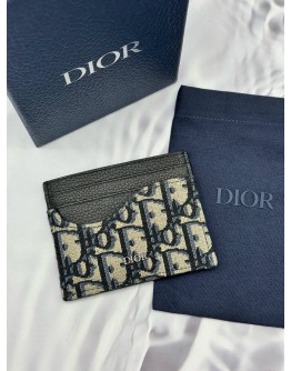 (LIKE NEW) 2026 CHRISTIAN DIOR SADDLE CARD HOLDER IN BLACK GRAINED CALFSKIN MARQUETRY WITH BEIGE AND BLACK DIOR OBLIQUE JACQUARD -FULL SET-