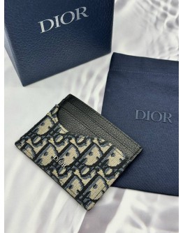 (LIKE NEW) 2026 CHRISTIAN DIOR SADDLE CARD HOLDER IN BLACK GRAINED CALFSKIN MARQUETRY WITH BEIGE AND BLACK DIOR OBLIQUE JACQUARD -FULL SET-