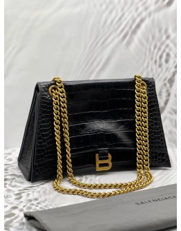 BALENCIAGA CRUSH CHAIN BAG IN BLACK EMBOSSED LEATHER