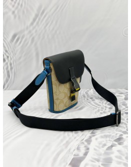 COACH TRACK CROSSBODY BAG IN BEIGE CC SIGNATURE CANVAS WITH BLACK AND BLUE LEATHER 