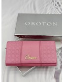 (RAYA PROMO) OROTON LONG FLAP WALLET IN PINK EMBOSSED LEATHER 