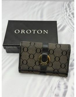 (RAYA PROMO) OROTON COMPACT WALLET IN BLACK CANVAS WITH LEATHER 