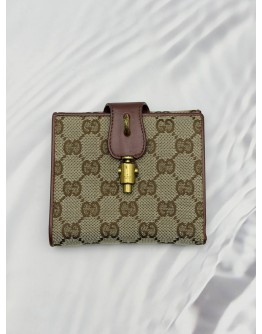 (RAYA PROMO) GUCCI VINTAGE COMPACT WALLET IN BEIGE GG CANVAS WITH BROWN LEATHER 