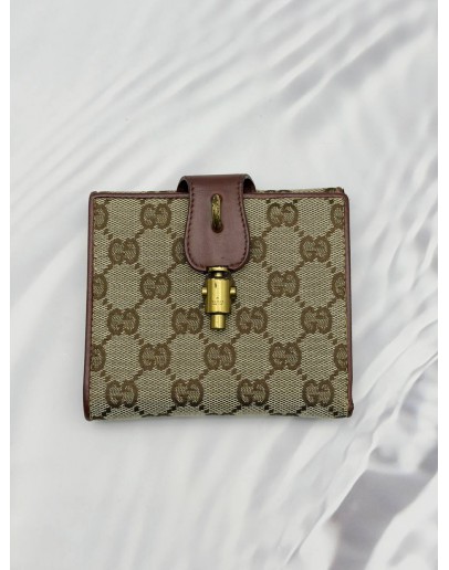 (RAYA PROMO) GUCCI VINTAGE COMPACT WALLET IN BEIGE GG CANVAS WITH BROWN LEATHER 