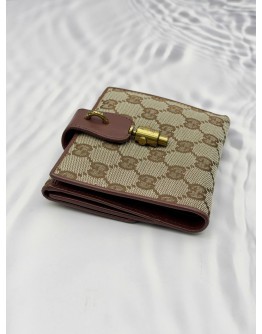 (RAYA PROMO) GUCCI VINTAGE COMPACT WALLET IN BEIGE GG CANVAS WITH BROWN LEATHER 