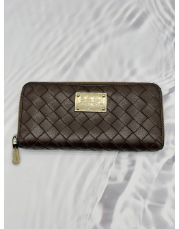 (RAYA PROMO) MICHAEL KORS ZIP AROUND LONG WALLET IN DARK BROWN WOVEN LEATHER 