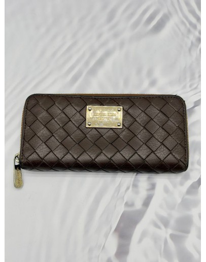 (RAYA PROMO) MICHAEL KORS ZIP AROUND LONG WALLET IN DARK BROWN WOVEN LEATHER 