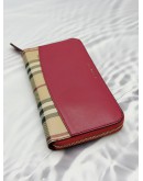 (RAYA PROMO) BURBERRY ZIP AROUND LONG WALLET IN BEIGE HORSEFERRY CHECK ELMORE CANVAS WITH PINK LEATHER 