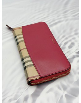 (RAYA PROMO) BURBERRY ZIP AROUND LONG WALLET IN BEIGE HORSEFERRY CHECK ELMORE CANVAS WITH PINK LEATHER 