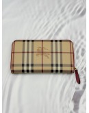 (RAYA PROMO) BURBERRY ZIP AROUND LONG WALLET IN BEIGE HORSEFERRY CHECK ELMORE CANVAS WITH PINK LEATHER 