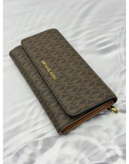 (RAYA PROMO) (LIKE NEW) MICHAEL KORS WALLET IN BROWN CANVAS WITH LEATHER 