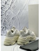 (LIKE NEW) BALENCIAGA TRIPLE S ALLOVER LOGO SNEAKERS SIZE US 8 IN WHITE WITH BLACK CALFSKIN LEATHER -FULL SET-