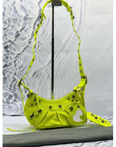 (LIKE NEW) BALENCIAGA LE CAGOLE XS SHOULDER BAG IN NEON YELLOW AGED LAMBSKIN LEATHER