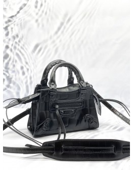 (LIKE NEW) BALENCIAGA NEO CLASSIC CITY MINI TOP HANDLE AND CROSSBODY BAG IN BLACK CROCODILE EMBOSSED LEATHER