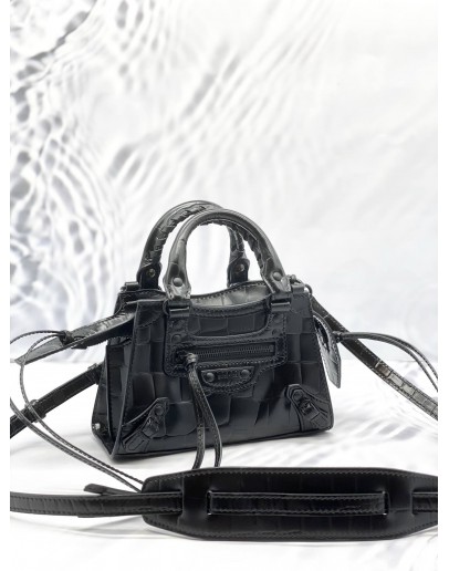 (LIKE NEW) BALENCIAGA NEO CLASSIC CITY MINI TOP HANDLE AND CROSSBODY BAG IN BLACK CROCODILE EMBOSSED LEATHER
