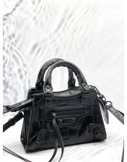 (LIKE NEW) BALENCIAGA NEO CLASSIC CITY MINI TOP HANDLE AND CROSSBODY BAG IN BLACK CROCODILE EMBOSSED LEATHER