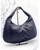 (LIKE NEW) BOTTEGA VENETA HOBO SHOULDER BAG IN DARK BLUE INTRECCIATO LAMBSKIN LEATHER