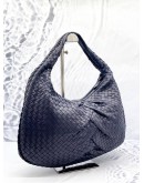 (LIKE NEW) BOTTEGA VENETA HOBO SHOULDER BAG IN DARK BLUE INTRECCIATO LAMBSKIN LEATHER
