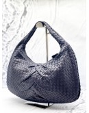 (LIKE NEW) BOTTEGA VENETA HOBO SHOULDER BAG IN DARK BLUE INTRECCIATO LAMBSKIN LEATHER