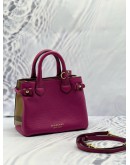 (LIKE NEW) BURBERRY BANNER TOP HANDLE BAG IN MAGENTA CALFSKIN LEATHER WITH BEIGE HOUSE CHECK CANVAS