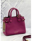 (LIKE NEW) BURBERRY BANNER TOP HANDLE BAG IN MAGENTA CALFSKIN LEATHER WITH BEIGE HOUSE CHECK CANVAS