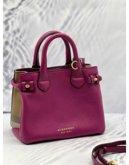 (LIKE NEW) BURBERRY BANNER TOP HANDLE BAG IN MAGENTA CALFSKIN LEATHER WITH BEIGE HOUSE CHECK CANVAS