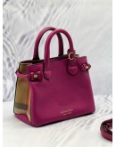(LIKE NEW) BURBERRY BANNER TOP HANDLE BAG IN MAGENTA CALFSKIN LEATHER WITH BEIGE HOUSE CHECK CANVAS