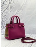 (LIKE NEW) BURBERRY BANNER TOP HANDLE BAG IN MAGENTA CALFSKIN LEATHER WITH BEIGE HOUSE CHECK CANVAS