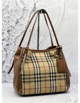 BURBERRY HORSEFERRY SHOULDER BAG IN BEIGE CHECK CANTERBURY CANVAS WITH BROWN LEATHER