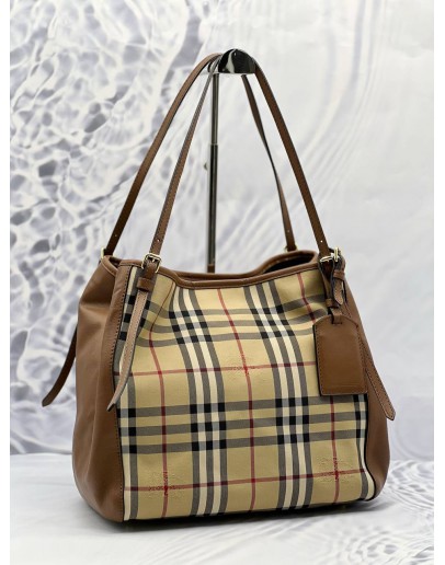 BURBERRY HORSEFERRY SHOULDER BAG IN BEIGE CHECK CANTERBURY CANVAS WITH BROWN LEATHER