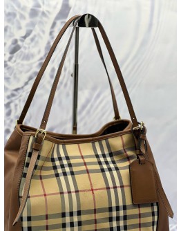 BURBERRY HORSEFERRY SHOULDER BAG IN BEIGE CHECK CANTERBURY CANVAS WITH BROWN LEATHER