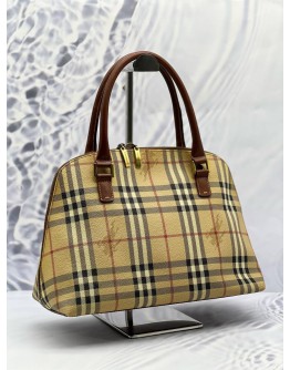 BURBERRY VINTAGE DOME TOP HANDLE BAG IN BEIGE NOVA CHECK CANVAS WITH BROWN LEATHER
