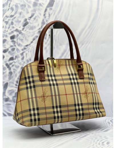 BURBERRY VINTAGE DOME TOP HANDLE BAG IN BEIGE NOVA CHECK CANVAS WITH BROWN LEATHER
