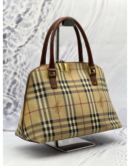 BURBERRY VINTAGE DOME TOP HANDLE BAG IN BEIGE NOVA CHECK CANVAS WITH BROWN LEATHER