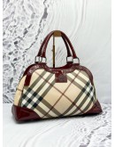 BURBERRY HANDBAG IN BEIGE NOVA CHECK CANVAS WITH BURGUNDY PATENT LEATHER