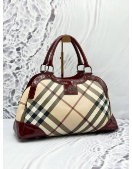 BURBERRY HANDBAG IN BEIGE NOVA CHECK CANVAS WITH BURGUNDY PATENT LEATHER