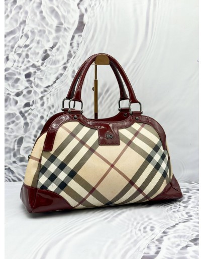 BURBERRY HANDBAG IN BEIGE NOVA CHECK CANVAS WITH BURGUNDY PATENT LEATHER