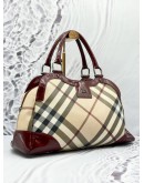 BURBERRY HANDBAG IN BEIGE NOVA CHECK CANVAS WITH BURGUNDY PATENT LEATHER