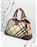 BURBERRY HANDBAG IN BEIGE NOVA CHECK CANVAS WITH BURGUNDY PATENT LEATHER