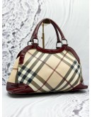 BURBERRY HANDBAG IN BEIGE NOVA CHECK CANVAS WITH BURGUNDY PATENT LEATHER
