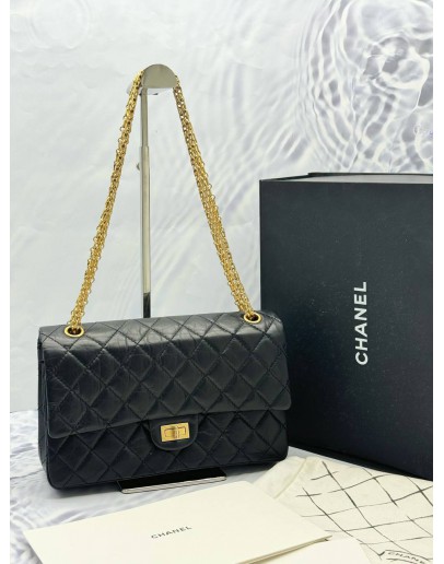 (LIKE NEW) CHANEL REISSUE 226 DOUBLE FLAP SHOULDER BAG IN BLACK AGED CALFSKIN LEATHER -FULL SET-