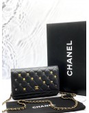 (LIKE NEW) MICROCHIP CHANEL 18K LUCKY CHARMS WALLET ON CHAIN IN BLACK LAMBSKIN LEATHER -FULL SET-