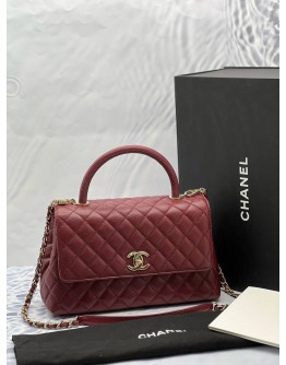 (LIKE NEW) MICROCHIP CHANEL COCO MEDIUM TOP HANDLE BAG IN DARK RED CAVIAR LEATHER -FULL SET-