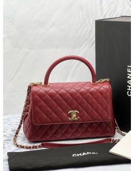 (LIKE NEW) MICROCHIP CHANEL COCO MEDIUM TOP HANDLE BAG IN DARK RED CAVIAR LEATHER -FULL SET-