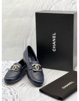 (LIKE NEW) CHANEL COCO MARK LOAFERS SIZE 36 1/2 IN DARK BLUE CALFSKIN LEATHER -FULL SET-