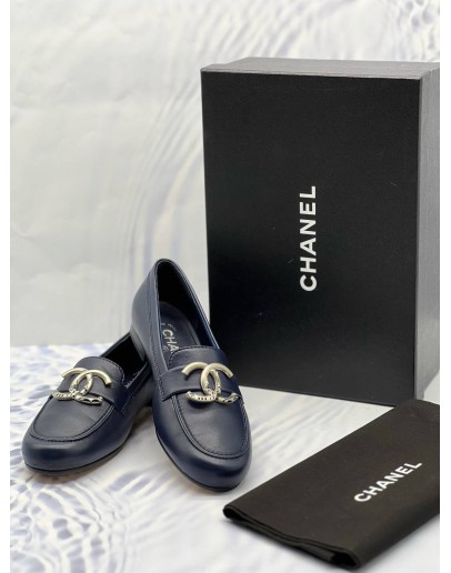 (LIKE NEW) CHANEL COCO MARK LOAFERS SIZE 36 1/2 IN DARK BLUE CALFSKIN LEATHER -FULL SET-