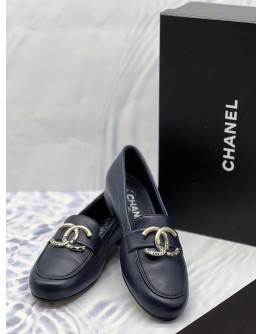(LIKE NEW) CHANEL COCO MARK LOAFERS SIZE 36 1/2 IN DARK BLUE CALFSKIN LEATHER -FULL SET-